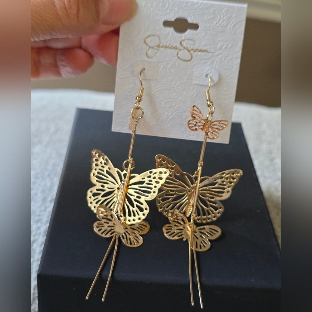 Jessica Simpson Elegant Gold Tone Butterfly Dangle Earrings - Picture 8 of 13